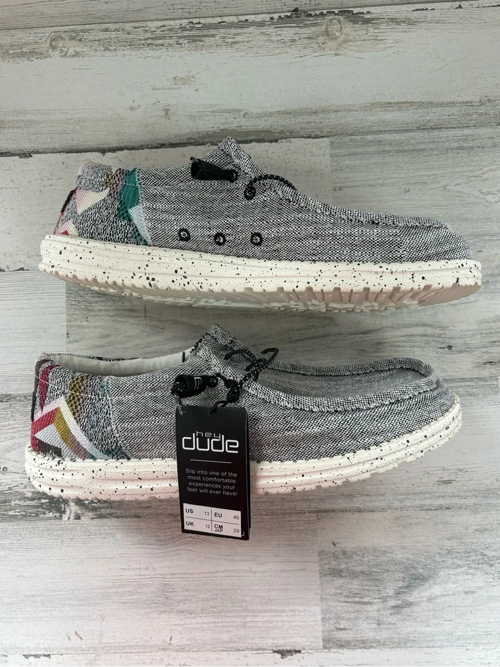 Hey Dude Men’s Size 13 Wally Funk Etno Gray Slip On Shoes Multi Color Heel NWT